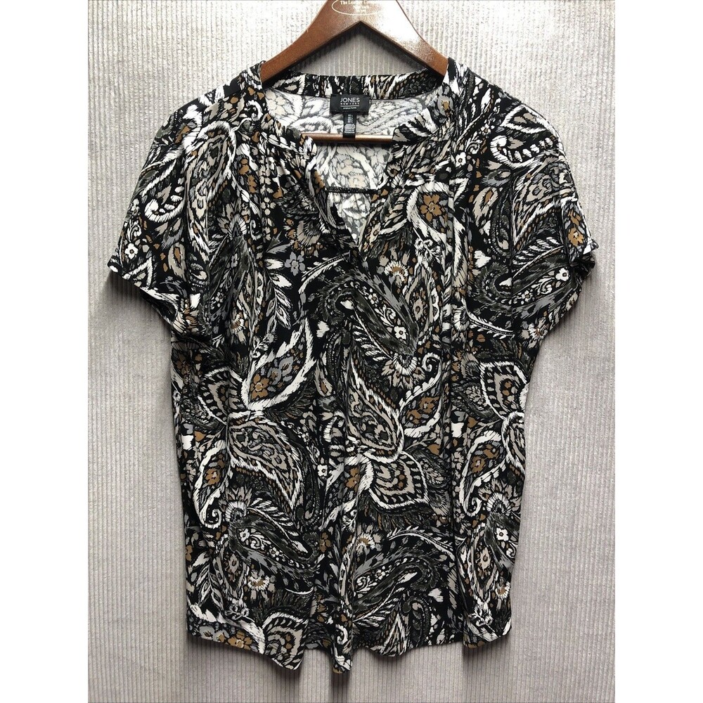 Jones New York Top Womens Large Black Multicolor Paisley V Neck Boho Blouse